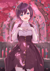 Rule 34 | 1girl, :d, ahoge, architecture, bench, blue eyes, blush, breasts, dress, flower, garden, hands on own chest, highres, light blush, looking at viewer, open mouth, original, outdoors, own hands clasped, own hands together, pink flower, pink rose, red flower, red rose, rose, shirt, short hair, short sleeves, skirt, small breasts, smile, solo, suspender skirt, suspenders, thighs, white shirt, yuna rebun