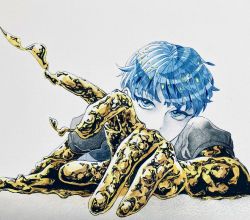 Rule 34 | 1other, blue hair, covered mouth, fingernails, gem uniform (houseki no kuni), golden arms, green eyes, highres, houseki no kuni, liquid, looking at viewer, lying, mt5 014, on stomach, other focus, outstretched arm, phosphophyllite, phosphophyllite (ll), puffy short sleeves, puffy sleeves, reaching, reaching towards viewer, short hair, short sleeves, simple background, solo, spoilers