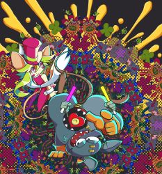 Rule 34 | 1girl, 2boys, absurdres, animal ears, blush stickers, breasts, gloves, glowstick, green hair, hat, heart (mad rat dead), highres, leotard, mad rat, mad rat dead, mouse (animal), mouse ears, mouse girl, mouse tail, multiple boys, nightmares (mad rat dead), nippon ichi, rat god, red eyes, stitches, tail, top hat, wings, wrist cuffs