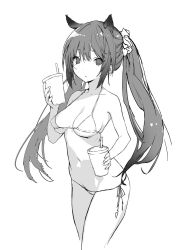 Rule 34 | 1girl, animal ear fluff, arched back, bikini, breasts, breasts apart, copyright request, dot nose, drinking straw, greyscale, holding, jiyu2, long hair, looking at viewer, lowleg, lowleg bikini, medium breasts, monochrome, navel, side-tie bikini bottom, simple background, solo, standing, string bikini, swimsuit, twintails, white background