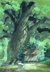Rule 34 | absurdres, building, commentary request, day, derivative work, grass, highres, kiki0819, nature, no humans, outdoors, plant, scenery, stairs, stone, studio ghibli, tree, window