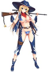 Rule 34 | 1girl, american flag bikini, american flag print, belt, bikini, blonde hair, blue eyes, blush, boots, bra, breasts, cameltoe, character request, cleavage, covered erect nipples, cowboy boots, cygnus (cygnus7), flag print, front-tie top, full body, gang of heaven, gun, hat, holding, large breasts, long hair, looking at viewer, print bikini, red scarf, rifle, rope, scarf, scope, shiny skin, smile, solo, swimsuit, transparent background, underwear, weapon
