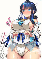 Rule 34 | 1girl, ahoge, bare shoulders, black hair, blue eyes, blue ribbon, blunt bangs, blush, breasts, clothes lift, collarbone, cum, dress, ejaculation, fate/grand order, fate/requiem, fate (series), flying sweatdrops, fundoshi, highres, japanese clothes, jewelry, large breasts, long sleeves, looking at viewer, magatama, magatama hair ornament, magatama necklace, medium hair, multicolored hair, necklace, pelvic curtain, pink hair, puffy long sleeves, puffy sleeves, ribbon, seigaiha, sekai saisoku no panda, short dress, sideboob, sideless outfit, sidelocks, solo, streaked hair, sweat, utsumi erice, white dress