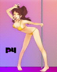Rule 34 | 1girl, armpits, ass, atlus, barefoot, bent over, bikini, breasts, brown hair, cleavage, covered erect nipples, dark persona, earrings, egawa satsuki, feet, gradient background, halterneck, happy, heart, heart-shaped pupils, highres, hip focus, jewelry, kujikawa rise, legs, lips, long hair, one eye closed, open mouth, persona, persona 4, pigeon-toed, pole, pole dancing, purple background, shadow (persona), shadow rise, shin megami tensei, smile, solo, string bikini, stripper, stripper pole, swimsuit, symbol-shaped pupils, toes, twintails, v, wink, yellow bikini, yellow eyes
