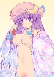 Rule 34 | 1girl, bad id, bad pixiv id, breasts, crescent, female focus, hat, long hair, medium breasts, nipples, open clothes, open robe, patchouli knowledge, plus9, purple eyes, purple hair, pussy, robe, solo, touhou, uncensored