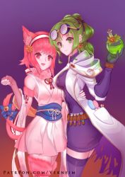 Rule 34 | 2girls, animal ears, bell, black gloves, blue bow, bow, candy, cat ears, cat tail, closed mouth, coke-bottle glasses, earrings, eyewear on head, fingerless gloves, fire emblem, fire emblem: the sacred stones, fire emblem fates, fire emblem heroes, flask, food, fur trim, glasses, gloves, green eyes, green hair, hairband, halloween costume, holding, japanese clothes, jewelry, l&#039;arachel (fire emblem), lab coat, lollipop, multiple girls, nintendo, open mouth, pink eyes, pink gloves, pink hair, sakura (fire emblem), short hair, simple background, tail, thighhighs, thighs, vekneim, watermark, web address, zettai ryouiki