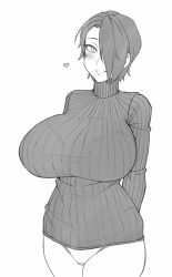 Rule 34 | 1girl, arms behind back, blush, bralines, breasts, closed mouth, commentary, cowboy shot, english commentary, greyscale, hair over one eye, heart, huge breasts, impossible clothes, impossible sweater, long sleeves, looking at viewer, monochrome, no pants, original, panties, ribbed sweater, saya (twrlare), short hair, simple background, smile, solo, sweater, tsurime, turtleneck, turtleneck sweater, twrlare, underwear, white background