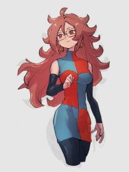 Rule 34 | 1girl, android 21, black sleeves, breasts, checkered clothes, checkered dress, closed mouth, detached sleeves, dragon ball, dragon ball fighterz, dress, glasses, grey background, kemachiku, long hair, looking to the side, medium breasts, red eyes, red hair, simple background, smile, solo