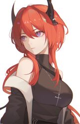 Rule 34 | 1girl, alternate costume, arknights, bare shoulders, belt, black belt, black jacket, breasts, closed mouth, cross, cross necklace, demon girl, demon horns, expressionless, highres, hoonter29, horns, jacket, jewelry, long hair, long sleeves, looking to the side, medium breasts, necklace, off shoulder, open clothes, open jacket, purple eyes, red hair, simple background, solo, surtr (arknights), white background