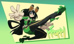 Rule 34 | 1girl, asui tsuyu, belt, black eyes, black hair, bodysuit, boku no hero academia, boots, breasts, female focus, frog girl, gloves, goggles, high heel boots, high heels, liefeldian abomination, long hair, looking at viewer, monster girl, solo, thigh boots, thighhighs