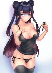 Rule 34 | 10s, 1girl, bare shoulders, black hair, black panties, black shirt, black thighhighs, blue eyes, blunt bangs, breasts, breasts apart, collarbone, commentary request, cowboy shot, double bun, effort star, fingernails, gradient background, groin, hair bun, hand on own chest, hands up, highres, holding, holding strap, kantai collection, legs together, light cruiser oni, long hair, medium breasts, open mouth, panties, shirt, side-tie panties, skindentation, sleeveless, solo, standing, string panties, tank top, thighhighs, torn, torn clothes, torn shirt, underwear