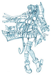 Rule 34 | 10s, 1girl, :d, asymmetrical legwear, bbb (friskuser), blue theme, hair ornament, kantai collection, long hair, machinery, monochrome, open mouth, pleated skirt, pointing, ponytail, revision, simple background, single thighhigh, skirt, smile, solo, thighhighs, traditional media, turret, umbrella, uneven legwear, very long hair, white background, yamato (kancolle)