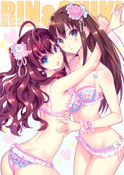 Rule 34 | 10s, 2girls, :3, :d, :o, alternate costume, aqua eyes, ass, bare arms, bare shoulders, blue eyes, blush, bra, breasts, brown hair, character name, cleavage, collarbone, copyright name, cowboy shot, female focus, flower, frilled bra, frilled panties, frills, from behind, green eyes, groin, hair between eyes, hair flower, hair ornament, ichinose shiki, idolmaster, idolmaster cinderella girls, lingerie, lips, long hair, looking at viewer, looking back, medium breasts, midriff, multiple girls, nishimura eri, open mouth, panties, parted lips, purple hair, shibuya rin, smile, stomach, thighs, underwear, underwear only, wavy hair, wavy mouth, wrist cuffs, yuri