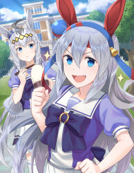 Rule 34 | 2girls, ahoge, animal ears, blue eyes, blue hairband, blue sky, blush, bow, chikabo m, chopsticks, clenched hands, closed mouth, cloud, cloudy sky, commentary request, ear covers, ear ornament, eating, fang, grey hair, hair between eyes, hairband, headband, holding, holding chopsticks, horse ears, horse girl, horse tail, long hair, looking at viewer, multicolored hair, multiple girls, oguri cap (umamusume), open mouth, outdoors, petticoat, pleated skirt, puffy shorts, purple bow, purple shirt, red headband, sailor collar, shirt, shorts, skirt, sky, smile, sparkle, streaked hair, summer uniform, tail, tamamo cross (umamusume), tree, umamusume, v-shaped eyebrows