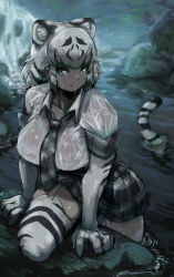 Rule 34 | 1girl, animal ear fluff, animal ears, animal print, arm support, black hair, blue eyes, breast pocket, breasts, climbing, collarbone, collared shirt, colored inner hair, commission, dripping, elbow gloves, extra ears, garter straps, gloves, hatch (hatch box), kemono friends, large breasts, leaning forward, long hair, looking at viewer, miniskirt, multicolored hair, necktie, no bra, outdoors, plaid, plaid necktie, plaid skirt, plaid sleeves, plaid trim, pocket, print gloves, print thighhighs, river, see-through, shirt, short sleeves, skindentation, skirt, solo, tail, thighhighs, tiger ears, tiger girl, tiger print, tiger tail, two-tone hair, water, wet, wet clothes, wet face, wet hair, wet shirt, wet skirt, white hair, white shirt, white tiger (kemono friends), white tiger print, wing collar, zettai ryouiki