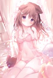 Rule 34 | 1girl, :o, animal ears, babydoll, bare arms, bare shoulders, blush, braid, breasts, brown hair, collarbone, commentary request, dog ears, dog girl, dog tail, frilled thighhighs, frills, hair between eyes, hair ornament, hairclip, hand up, head tilt, indoors, long hair, looking at viewer, original, panties, parted lips, petals, pink panties, purple eyes, shiratama (shiratamaco), side-tie panties, sitting, small breasts, solo, tail, thighhighs, underwear, wariza, white thighhighs