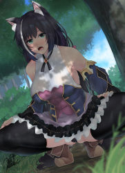 Rule 34 | 1girl, :o, animal ear fluff, animal ears, black hair, black thighhighs, blue sky, boots, breasts, brooch, cat ears, cloud, commentary request, forest, grass, indoors, jewelry, karyl (princess connect!), kirisaki byakko, large breasts, looking at viewer, multicolored hair, nature, princess connect!, skirt, sky, sleeveless, solo, spread legs, squatting, streaked hair, thighhighs, tree, white hair
