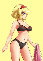 Rule 34 | 1girl, alice margatroid, black bra, black panties, blonde hair, bow, bow bra, bow panties, bra, breasts, cleavage, frills, hairband, lace, mazume, panties, short hair, simple background, solo, touhou, underwear, underwear only, yellow background