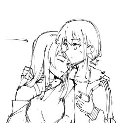 2girls blush cellphone closed_eyes closed_mouth commentary girls_band_cry highres holding holding_phone iseri_nina kawaragi_momoka long_hair low_twintails multiple_girls open_mouth phone short_hair short_twintails sketch smartphone symbol-only_commentary tobitaineko twintails