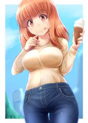 Rule 34 | 1girl, :p, blue pants, blue sky, blunt bangs, blurry, blurry background, border, breasts, casual, closed mouth, commentary, day, denim, food, food on face, girls und panzer, highres, holding, holding food, ice cream, ice cream cone, jeans, kitayama miuki, large breasts, long hair, long sleeves, looking at viewer, ooarai marine tower, orange eyes, orange hair, outdoors, outside border, pants, ribbed shirt, shirt, sky, smile, solo, standing, takebe saori, tongue, tongue out, upper body, white border, yellow shirt