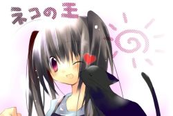 Rule 34 | 00s, 1girl, animal, black cat, black hair, cat, heart, jin rikuri, licking, looking at viewer, red eyes, simple background, solo, sun, text focus, to heart (series), to heart 2, upper body, white background, yuzuhara konomi
