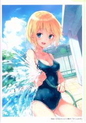 Rule 34 | 1girl, :d, absurdres, blonde hair, blue eyes, blush, breasts, chain-link fence, cleavage, cloud, collarbone, competition school swimsuit, covered navel, cowboy shot, day, dutch angle, fence, highres, hiten (hitenkei), hose, huge filesize, medium breasts, new school swimsuit, one-piece swimsuit, open mouth, original, outdoors, poolside, scan, school swimsuit, short hair, smile, solo, swimsuit, water, wet, wet clothes, wet swimsuit