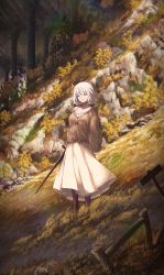 Rule 34 | 1girl, alternate costume, autumn, brown cardigan, cardigan, closed eyes, dress, fate/grand order, fate (series), forest, full body, highres, jeanne d&#039;arc alter (fate), long sleeves, nature, ru 251, scabbard, sheath, sheathed, short hair, smile, solo, standing, sword, tree, weapon, white dress, white hair