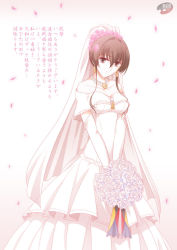 Rule 34 | 10s, 1girl, alternate hairstyle, bare shoulders, bouquet, bridal veil, brown eyes, brown hair, cherry blossoms, dress, earrings, elbow gloves, female focus, flower, gloves, hair flower, hair ornament, hair up, jewelry, kantai collection, kikumon, matching hair/eyes, necklace, personification, petals, ribbon, rose, shizuki michiru, solo, standing, translation request, veil, wedding dress, white dress, white flower, white gloves, white rose, yamato (kancolle)