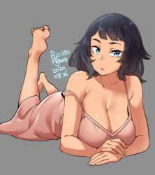 Rule 34 | 1girl, 2020, agawa ryou, artist name, bare shoulders, barefoot, black hair, blue eyes, body freckles, breasts, cleavage, collarbone, commentary, dated, freckles, grey background, large breasts, leg up, looking at viewer, lying, on stomach, original, parted lips, short hair, signature, simple background, solo, the pose
