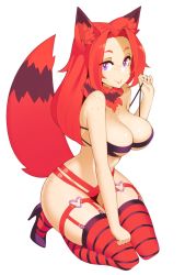 Rule 34 | 1girl, animal ear fluff, animal ears, body freckles, bra, breasts, bright pupils, closed mouth, commentary, commission, english commentary, fox ears, fox tail, freckles, halphelt, hand up, high heels, highres, kneeling, large breasts, long hair, looking at viewer, original, purple eyes, red hair, red thighhighs, simple background, smile, solo, tail, thighhighs, thighs, underwear, white background, white pupils