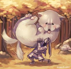 Rule 34 | animal, armor, artorias the abysswalker, autumn leaves, cat, dark souls (series), dark souls i, full armor, great grey wolf sif, grey fur, highres, holding, knight, nature, omochi anko3, outdoors, oversized animal, tail, tail wagging, tree, wolf