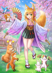 Rule 34 | 1girl, :d, animal, animal ear fluff, animal ears, bird, black footwear, black skirt, blonde hair, blush, branch, breasts, bridge, cat, cherry blossoms, commentary request, day, dog, flower, folding fan, fox, fox ears, fox girl, fox tail, full body, green eyes, hair flower, hair ornament, hamster, hand fan, highres, holding, holding fan, iroha (iroha matsurika), japanese clothes, kimono, long hair, long sleeves, looking at viewer, open clothes, open mouth, original, outdoors, petals, pinching sleeves, pink flower, pink kimono, pleated skirt, pom pom (cheerleading), rabbit, railing, sandals, skirt, sleeves past wrists, small breasts, smile, socks, solo, squirrel, standing, standing on one leg, tabi, tail, twitter username, white flower, white socks, wide sleeves, zouri