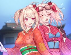 Rule 34 | 2girls, :d, akamatsu kaede, antenna hair, architecture, artist name, black choker, blonde hair, blurry, blurry background, blush, bow, breasts, c01a (cola), choker, clenched hand, closed eyes, commentary, danganronpa (series), danganronpa v3: killing harmony, day, east asian architecture, english commentary, fang, flower, flying sweatdrops, gloves, goggles, goggles on head, hair flower, hair ornament, highres, iruma miu, japanese clothes, kimono, large breasts, long hair, multiple girls, obi, open mouth, orange kimono, outdoors, pink eyes, red flower, red kimono, red rose, rose, sash, smile, teeth, twintails, upper teeth only, wide sleeves, yukata