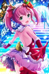 Rule 34 | 1girl, alternative girls, animal ears, backless outfit, bare back, bow, christmas, christmas tree, deer ears, dress, fake animal ears, fountain, gloves, green eyes, highres, looking at viewer, looking back, mano sakurako, night, official art, open mouth, outdoors, pink hair, red dress, red gloves, smile, solo, stairs, twintails, white bow
