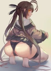 Rule 34 | 1girl, absurdres, antenna hair, ass, blush, brown hair, cameltoe, clothes lift, come hither, from behind, girls&#039; frontline, highres, huge ass, long hair, looking at viewer, looking back, m14 (girls&#039; frontline), multicolored hair, red hair, shiny skin, skirt, skirt hold, skirt lift, smile, solo, squatting, thighhighs, thong, torriet, twintails, very long hair