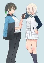 Rule 34 | 2girls, aqua background, black hair, black pants, black socks, blonde hair, blue jacket, breasts, closed mouth, collared shirt, commentary request, earphones, full body, gradient hair, green eyes, green hair, green ribbon, hand on own hip, highres, holding, holding phone, jacket, jacket on shoulders, looking at another, love live!, love live! nijigasaki high school idol club, medium breasts, medium hair, mia taylor, multicolored clothes, multicolored hair, multicolored jacket, multiple girls, neck ribbon, nijigasaki school uniform, pants, parted lips, phone, plaid, plaid skirt, purple eyes, ribbon, school uniform, shared earphones, shirt, short hair, sidelocks, skirt, socks, standing, takahashi mugi, takasaki yu, twintails, two-tone jacket, white jacket, white shirt, white skirt, winter uniform