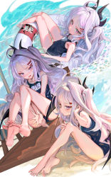 Rule 34 | ahoge, blue archive, breasts, demon horns, ecien, highres, hina (blue archive), hina (swimsuit) (blue archive), horns, long hair, low wings, multiple horns, name tag, old school swimsuit, parted bangs, purple eyes, purple horns, school swimsuit, small breasts, swimsuit, white hair, wings