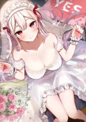 Rule 34 | 1girl, bare shoulders, bouquet, breasts, bridal veil, bride, cleavage, closed mouth, collarbone, commentary request, dress, feet out of frame, flower, from above, hands up, highres, knees together feet apart, long hair, medium breasts, off-shoulder dress, off shoulder, original, petals, pink flower, pink rose, red eyes, rose, smile, solo, tomozero, veil, very long hair, wedding dress, white dress, white hair, wrist cuffs, yes, yes-no pillow