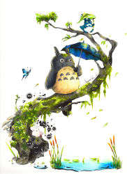Rule 34 | absurdres, amandapaesx, bug, butterfly, commentary, english commentary, grass, highres, bug, leaf, lily pad, moss, painting (medium), reeds, simple background, studio ghibli, susuwatari, tagme, tonari no totoro, totoro, traditional media, umbrella, water, watercolor (medium), white background