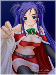 Rule 34 | 1girl, akimoto dai, bandeau, belt, black thighhighs, blue eyes, blue hair, blush, breasts, cape, christmas, cleavage, covered erect nipples, detached sleeves, english text, engrish text, hair ornament, hairclip, large breasts, long hair, matching hair/eyes, midriff, miniskirt, navel, original, panties, pantyshot, ranguage, santa costume, skirt, smile, solo, standing, strapless, thighhighs, tube top, twintails, underwear, upskirt, white panties