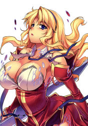 Rule 34 | 1girl, absurdres, blonde hair, blue eyes, blush, breasts, cleavage, cleavage cutout, clothing cutout, detached sleeves, female focus, freezing (series), hairband, highres, kim kwang hyun, large breasts, long hair, long skirt, long sleeves, looking at viewer, no bra, official art, parted lips, satellizer el bridget, shirt, skirt, sleeves past wrists, solo