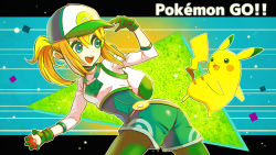 Rule 34 | 1girl, :d, ass, bad id, bad pixiv id, baseball cap, black gloves, black pantyhose, blonde hair, blue eyes, blush, breasts, choker, collarbone, copyright name, cowboy shot, creatures (company), crop top, cropped jacket, english text, eyelashes, female protagonist (pokemon go), flat ass, game freak, gen 1 pokemon, gloves, hat, highres, holding, holding poke ball, jacket, keigo inoue, legs apart, long hair, long sleeves, looking at another, nintendo, open mouth, outline, pantyhose, pikachu, poke ball, poke ball (basic), poke ball theme, pokemon, pokemon (creature), pokemon go, ponytail, sidelocks, small breasts, smile, tareme, teeth, text focus, tongue, unitard, white jacket, white outline