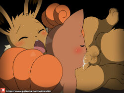 Rule 34 | 1boy, 1other, blush, breath, closed eyes, creatures (company), cum, cum in mouth, eevee, fellatio, furry, furry male, game freak, gen 1 pokemon, highres, nintendo, open mouth, oral, orange hair, patreon username, pokemon, pokemon (creature), saliva, signature, testicles, tongue, tongue out, vulpix, winick-lim