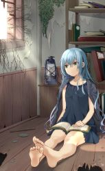 Rule 34 | 1girl, barefoot, blue dress, blue eyes, blue hair, book, bookshelf, collarbone, commentary request, dated, day, dress, eyes visible through hair, feet, foreshortening, hair between eyes, highres, indoors, jacket, jacket on shoulders, lamp, long hair, looking away, on floor, open book, original, overgrown, plant roots, signature, sitting, sleeveless, sleeveless dress, soles, solo, sunlight, tarachine, toes, window, wooden floor