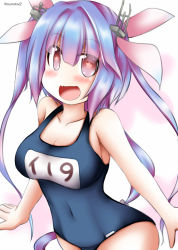Rule 34 | 1girl, blue hair, breasts, collarbone, cowboy shot, fang, hair ribbon, i-19 (kancolle), kantai collection, large breasts, long hair, looking at viewer, name tag, ouno (nounai disintegration), red eyes, ribbon, school swimsuit, skin fang, smile, solo, star-shaped pupils, star (symbol), swimsuit, symbol-shaped pupils, tri tails, twintails, twitter username