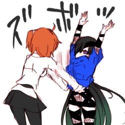 Rule 34 | 2girls, ahoge, arms up, black hair, black ribbon, black skirt, blue shirt, commentary request, eyepatch, fate/grand order, fate (series), fishnets, fujimaru ritsuka (female), gradient hair, green hair, hair over one eye, long hair, long sleeves, looking at another, mochizuki chiyome (fate), motion blur, multicolored hair, multiple girls, orange hair, pantyhose, purple eyes, ribbon, shiromantou, shirt, side ponytail, sketch, skirt, translation request, very long hair