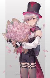 Rule 34 | 1boy, black corset, black shorts, blonde hair, bouquet, bow, cape, corset, detached sleeves, facial mark, flower, genshin impact, grey background, grey thighhighs, hat, highres, huge bow, looking at viewer, lyney (genshin impact), male focus, pink flower, pink rose, red bow, red cape, rose, short hair, short shorts, shorts, simple background, smile, solo, teardrop facial mark, teardrop tattoo, thighhighs, top hat, two-tone gloves, white sleeves, wolfram 1