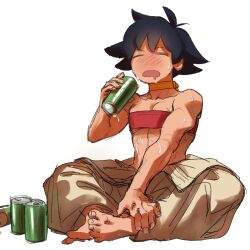 Rule 34 | 1girl, = =, ahoge, bare shoulders, barefoot, black hair, bra, breasts, butterfly sitting, can, choker, cleavage, closed eyes, clothes around waist, collarbone, commentary, dougi, drooling, english commentary, full body, hand on own leg, highres, holding, holding can, hot, hottochippu, knees apart feet together, makoto (street fighter), mouth drool, muscular, muscular female, off shoulder, open clothes, red bra, ribbon choker, short hair, simple background, sitting, small breasts, solo, strapless, strapless bra, street fighter, street fighter iii (series), sweat, tan, underwear, white background