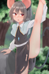 Rule 34 | 1girl, absurdres, animal ears, anus, bar censor, blurry, blurry background, blush, breath, bush, censored, commentary request, crystal, dakuazu, exhibitionism, feet out of frame, forest, grey hair, grey skirt, grey vest, hand on own leg, heart, highres, jewelry, long sleeves, looking to the side, mouse ears, mouse girl, mouse tail, nature, nazrin, no panties, open mouth, outdoors, pendant, public indecency, pussy, pussy juice, pussy juice drip, pussy juice trail, red eyes, rock, shirt, short hair, skirt, skirt set, solo, split, standing, standing on one leg, standing split, tail, thighs, touhou, tree, vest, white shirt