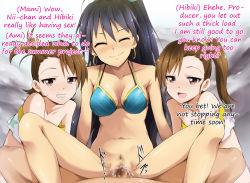 Rule 34 | !, 1boy, 3girls, ?, bikini, bikini top only, bottomless, censored, closed mouth, cum, cum in pussy, earrings, ejaculation, english text, fang, female pubic hair, futami ami, futami mami, ganaha hibiki, grin, happy sex, hard-translated, hetero, idolmaster, idolmaster (classic), jewelry, kaiga, long hair, long legs, looking at viewer, multiple girls, namassuka! yariman day2, open mouth, penis, pov, pubic hair, sex, siblings, sisters, smile, spread legs, swimsuit, teeth, text focus, third-party edit, translated, twins, vaginal
